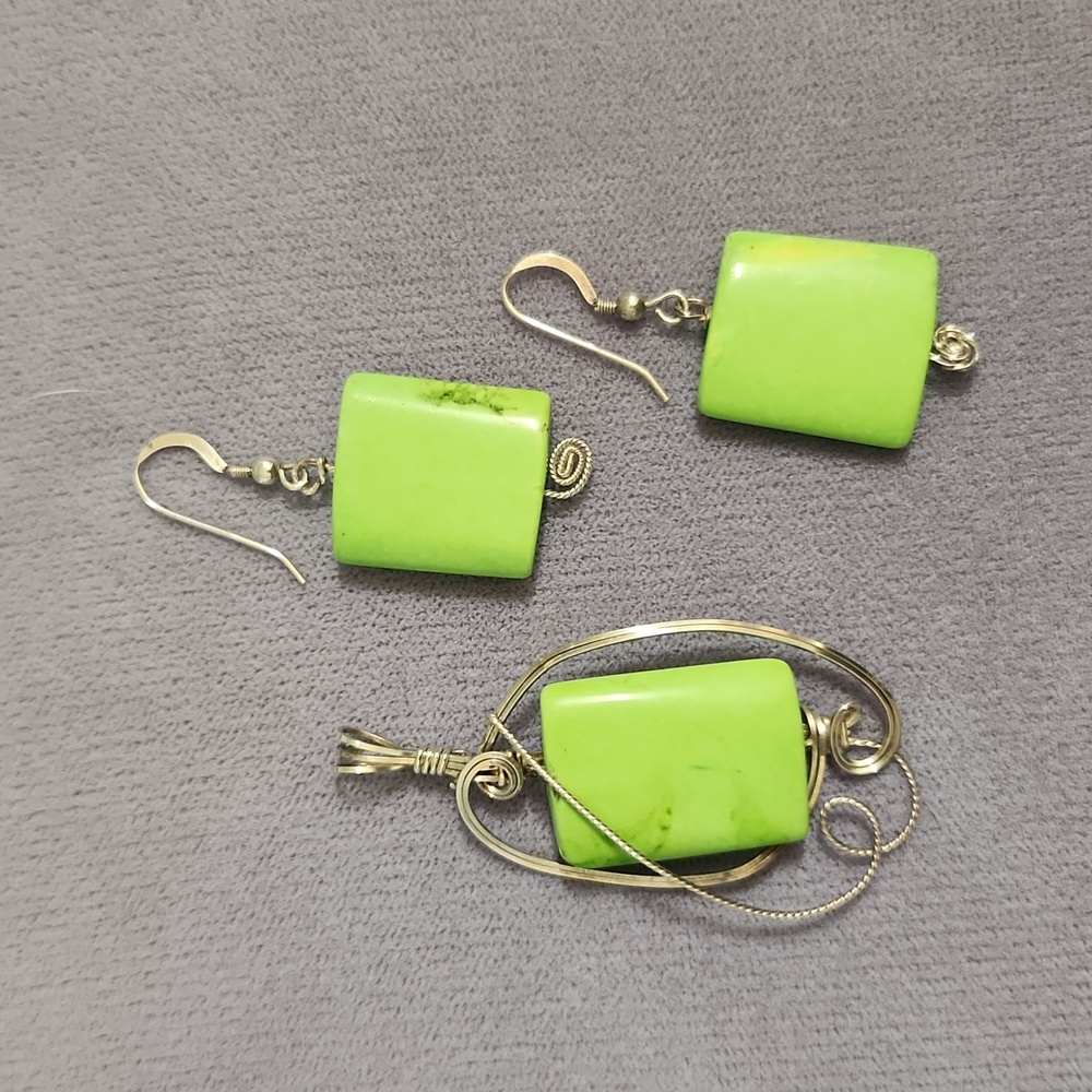 Silver and Green Gaspeite Hand Crafted Pendant and Drop Earrings